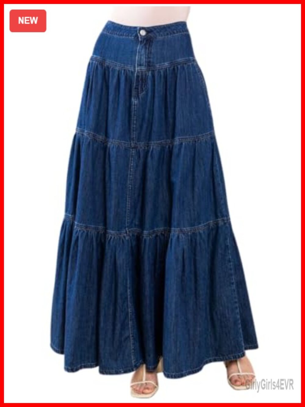 High Waist Pleated Denim Maxi Skirt A-Line Tiered Flowy Jean Skirt